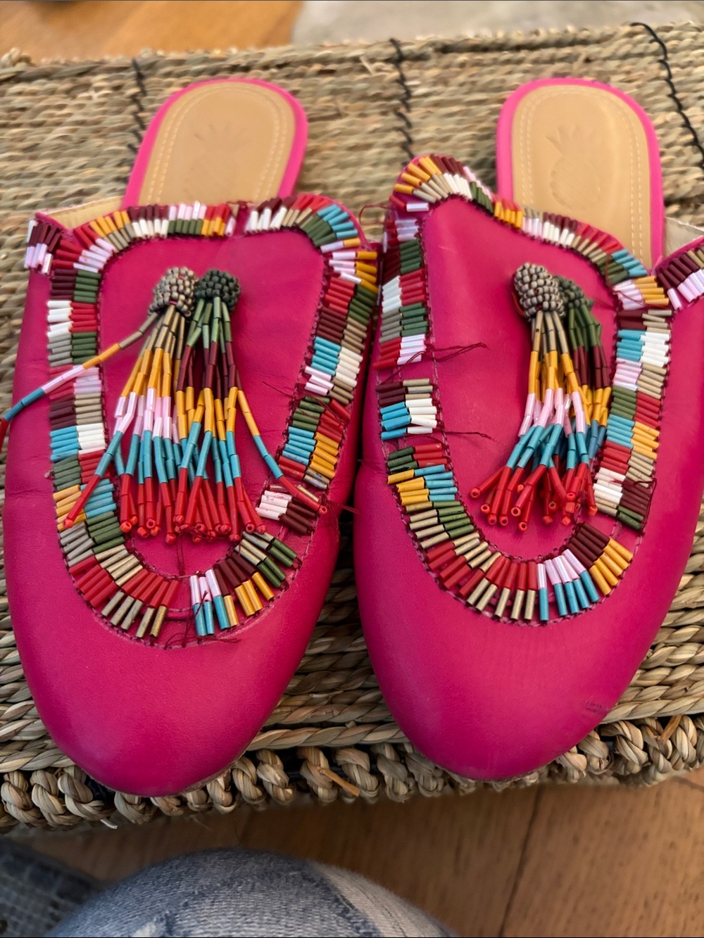 FARM Rio Hot Pink Beaded Tassel Slide Mules